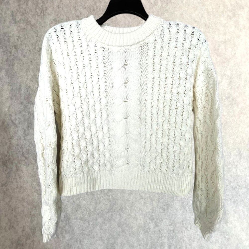 Moon + Madison Cropped Chunky Sweater Womens Large Ivory Crew Neck Relaxed Fit
